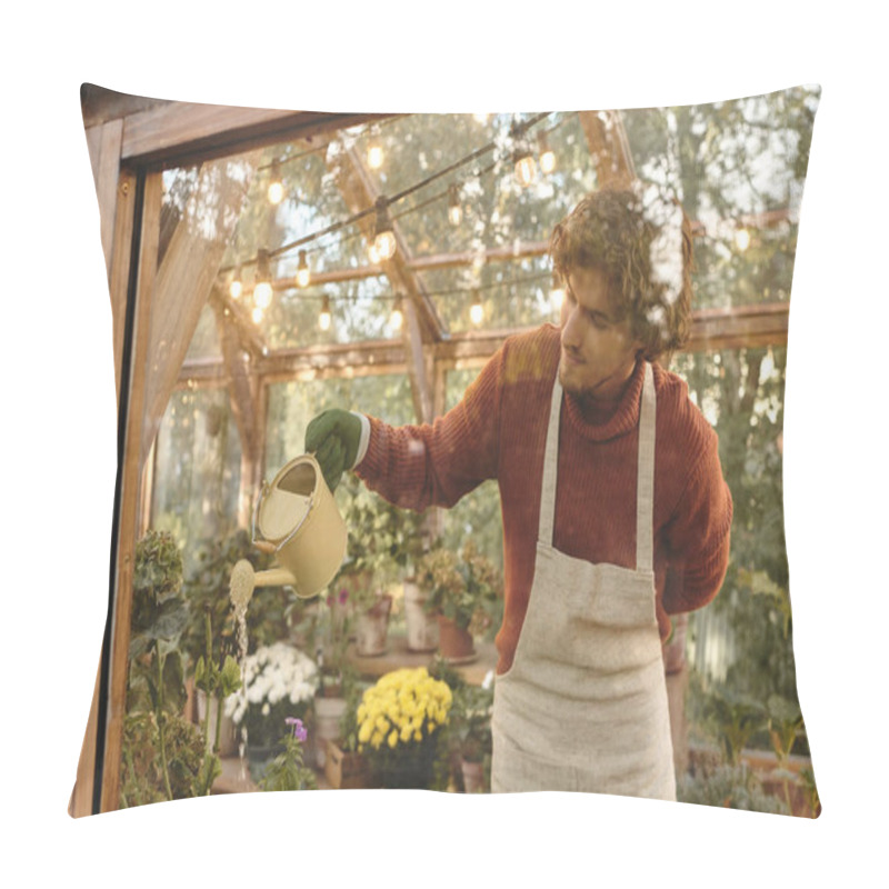 Personality  A Handsome Young Man In A Warm Sweater Gently Waters The Vibrant Plants In A Beautifully Decorated Greenhouse. Soft Lighting Creates A Tranquil Atmosphere, Enhancing The Joy Of Gardening. Pillow Covers