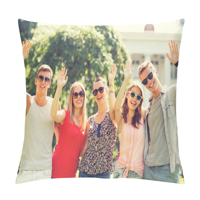 Personality  Group Of Smiling Friends Waving Hands Outdoors Pillow Covers