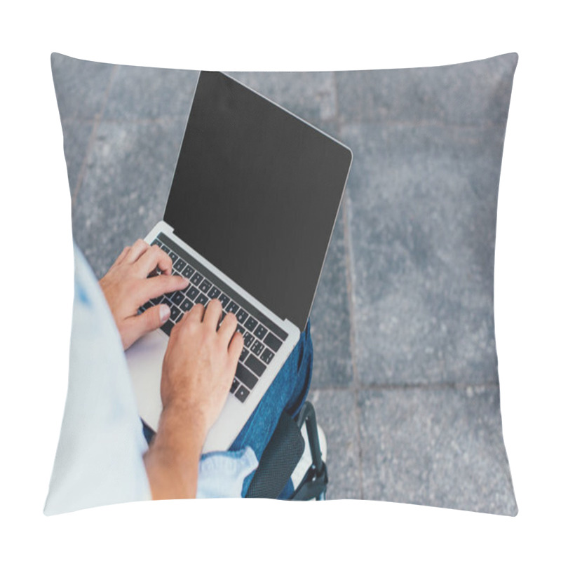 Personality  Cropped Image Of Man In Wheelchair Using Laptop With Blank Screen On Street Pillow Covers