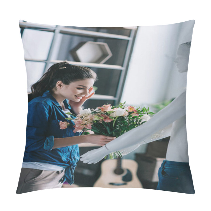 Personality  Young Woman Pretending To Receive Flowers From Layman Doll, Perfect Relationship Dream Concept Pillow Covers