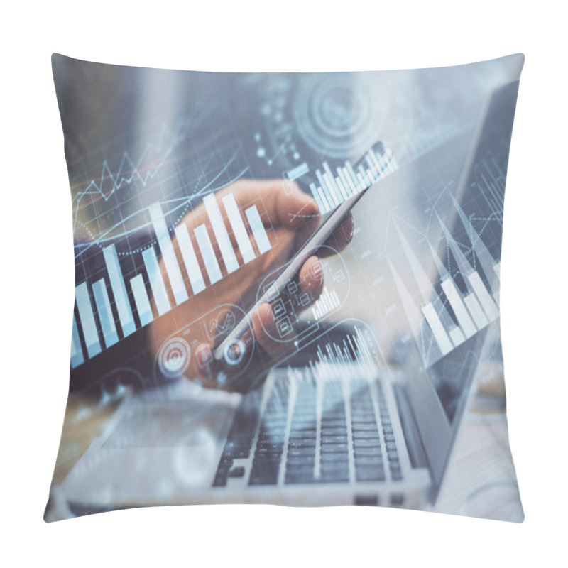 Personality  Double Exposure Of Mans Hands Holding And Using A Phone And Financial Graph Drawing. Analysis Concept. Pillow Covers