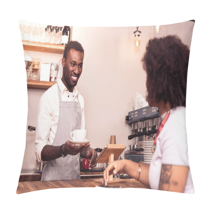 Personality  Delighted Nice Man Smiling To The Customer Pillow Covers