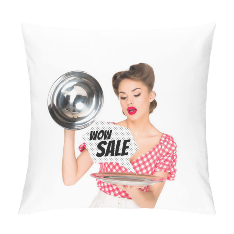 Personality  Beautiful Young Woman In Retro Clothing With Sale Speech Bubble On Serving Tray In Hands Isolated On White Pillow Covers