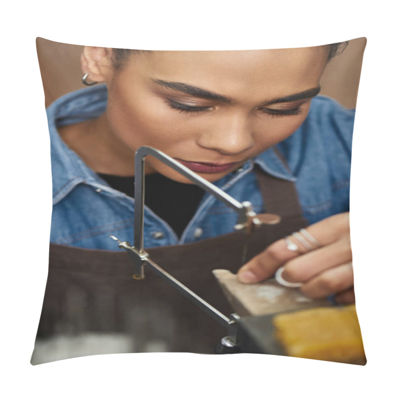 Personality  A Dedicated Woman Focuses Intently On Her Work, Shaping A Beautiful Piece Of Jewelry With Care. Pillow Covers