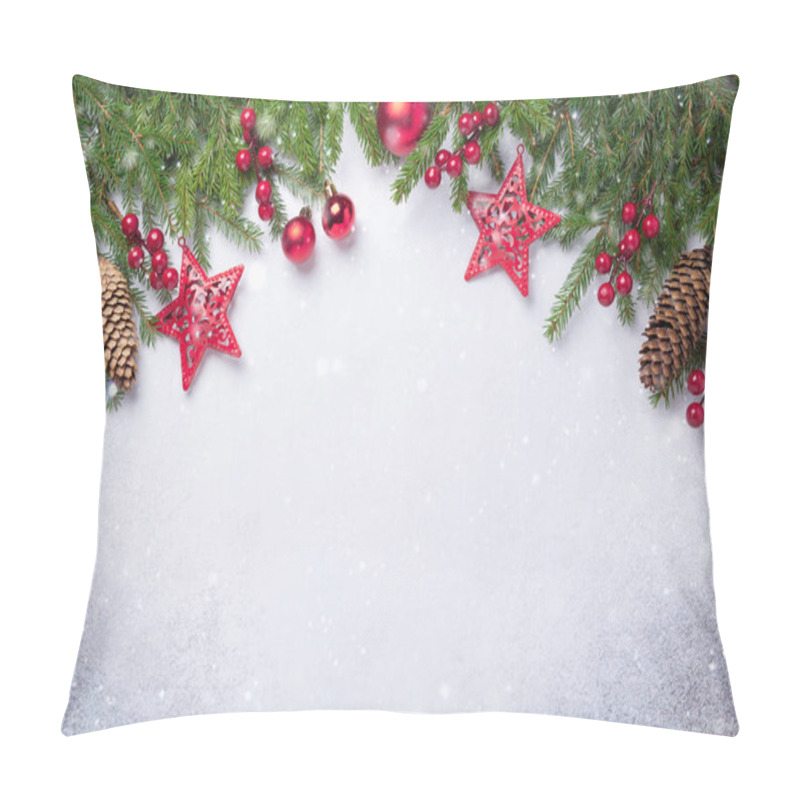 Personality  Christmas Background With Fir Tree And Red Gifts. Top View Copy Space Snow Effects Pillow Covers