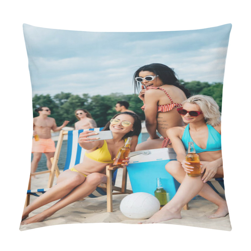 Personality  Cheerful Multicultural Girls Taking Selfie While Having Fun On Beach Near Young Men Pillow Covers