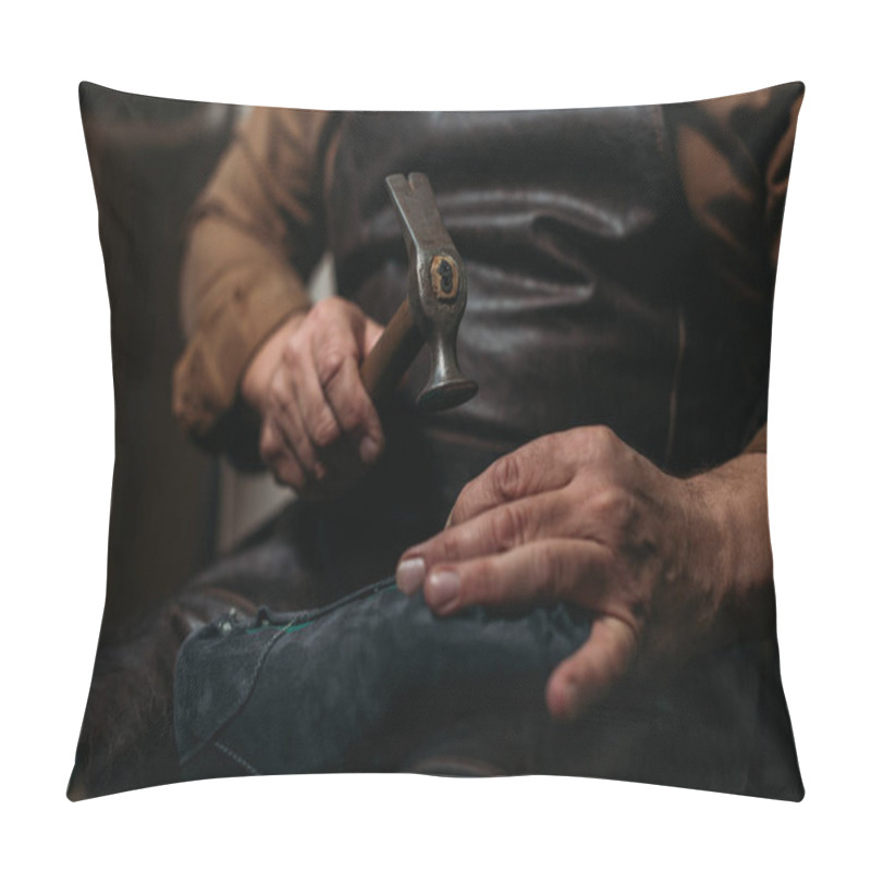 Personality  Cropped View Of Shoemaker Holding Hummer While Repairing Shoe In Workshop Pillow Covers