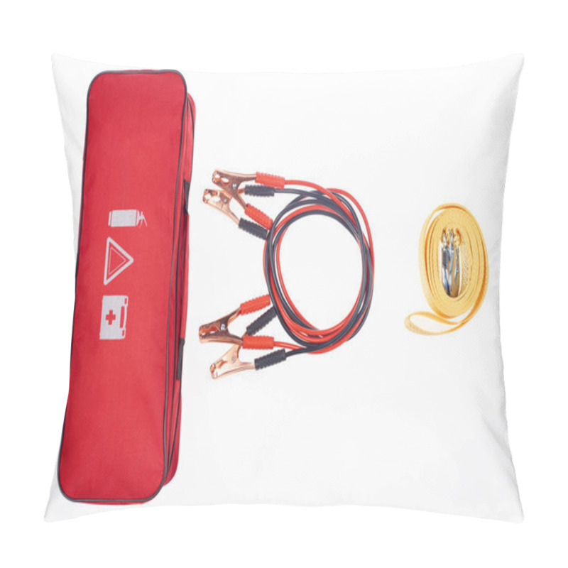 Personality  Flat Lay With Arrangement Of Automotive Handbag, Car Tow Rope And Jump Start Cables Isolated On White Pillow Covers