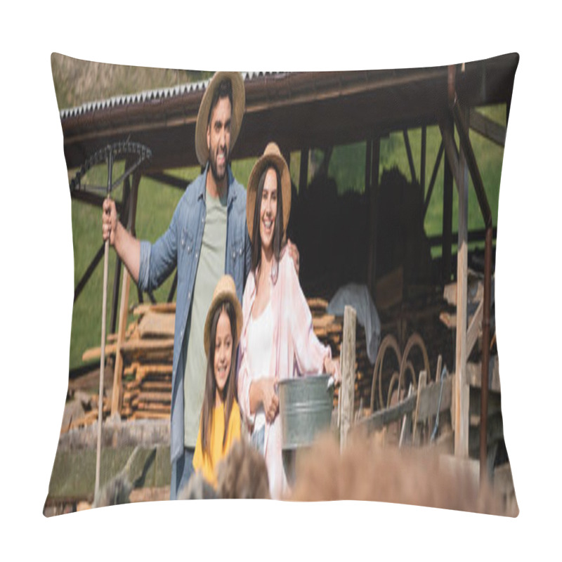 Personality  Happy Family Of Farmers In Straw Hats Near Cattle Corral On Blurred Foreground, Banner  Pillow Covers