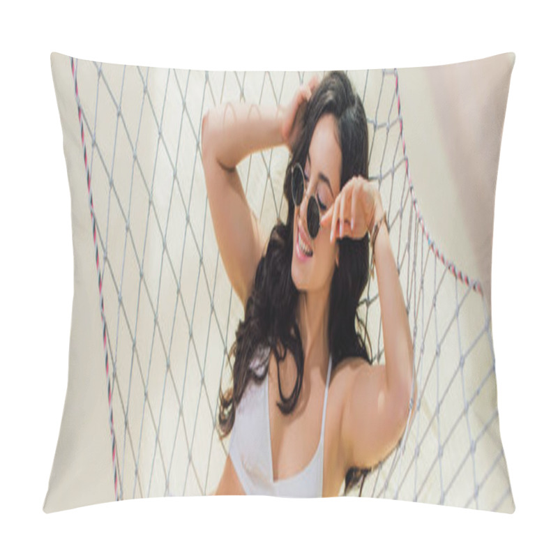 Personality  Panoramic Shot Of Beautiful Smiling Girl In Bikini Lying In Hammock On Beach Pillow Covers