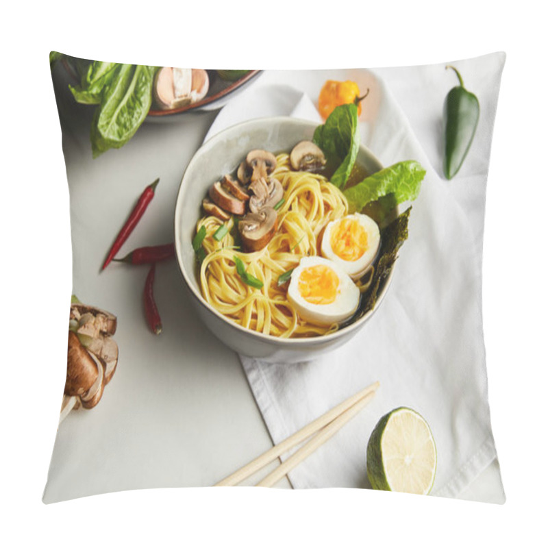 Personality  Traditional Asian Ramen In Bowl Near Chopsticks, Napkin And Vegetables On Grey Surface Pillow Covers