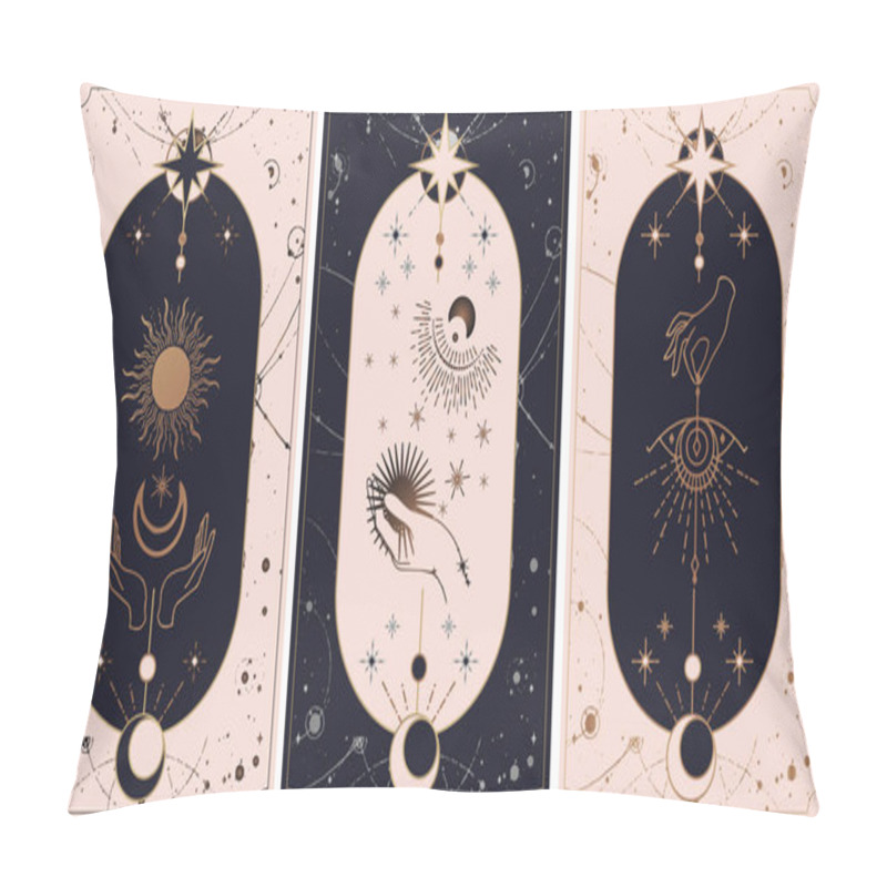 Personality  Moon And Sun Tarot Cards, Hands Set In Simple Flat Esoteric Boho Style. Esoteric Collection Of Logos With Various Symbols Such As Space Star Planet, Gold And Pink And Pink Cards Pillow Covers