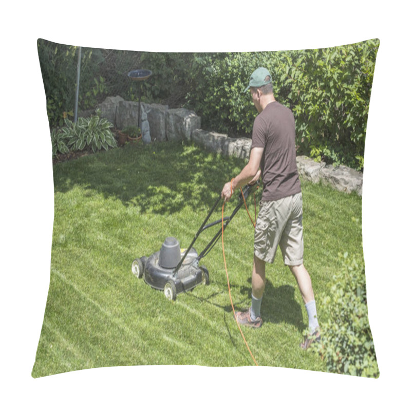 Personality  Man Mowing Lawn With An Electric Lawn Mower Pillow Covers