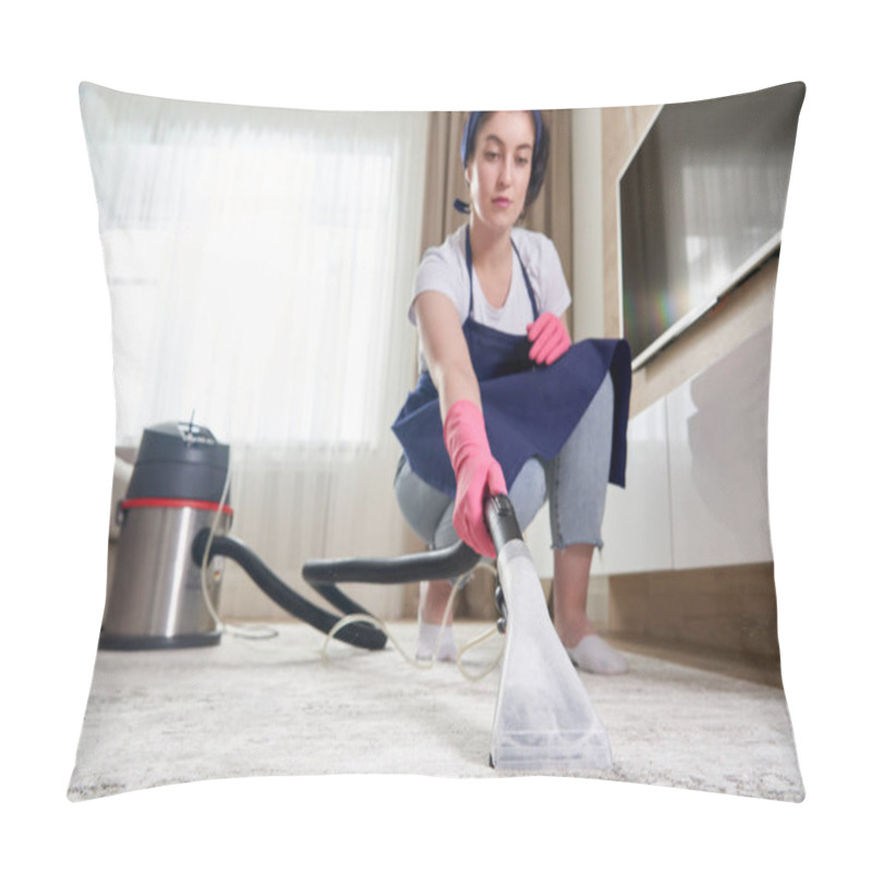 Personality  Woman Cleaning Carpet In The Living Room Using Vacuum Cleaner At Home. Cleaning Service Concept Pillow Covers