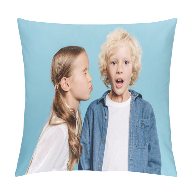 Personality  Kid With Closed Eyes Kissing Shocked Friend Isolated On Blue  Pillow Covers