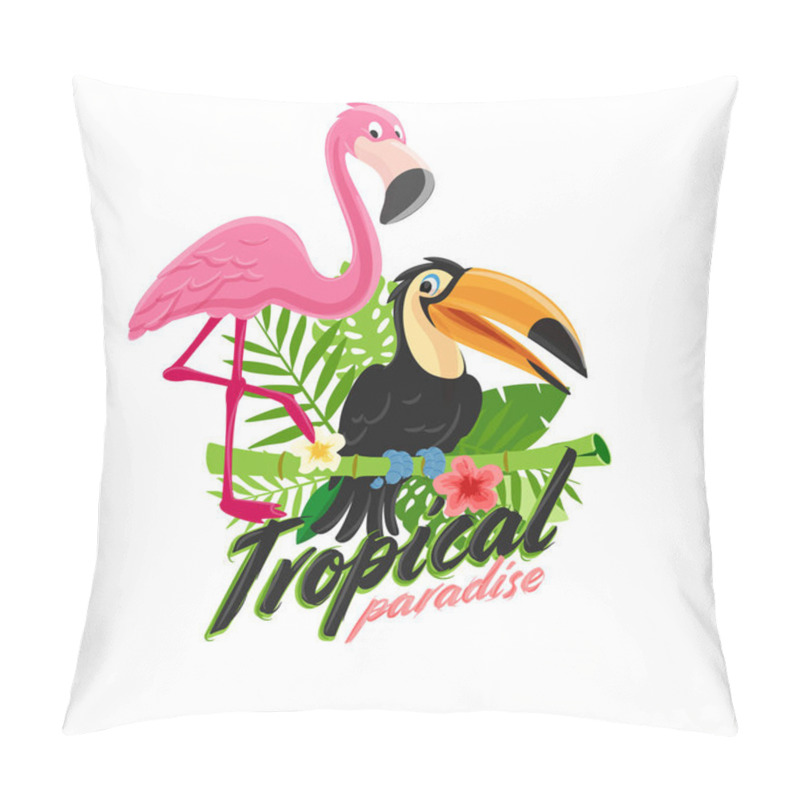 Personality  Tropical Frame Made Of Exotic Leaves, Toucan And Flamingo  Pillow Covers