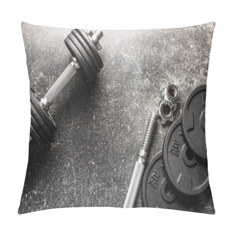 Personality  Dumbbell With Black Weight On Grunge Background. Pillow Covers