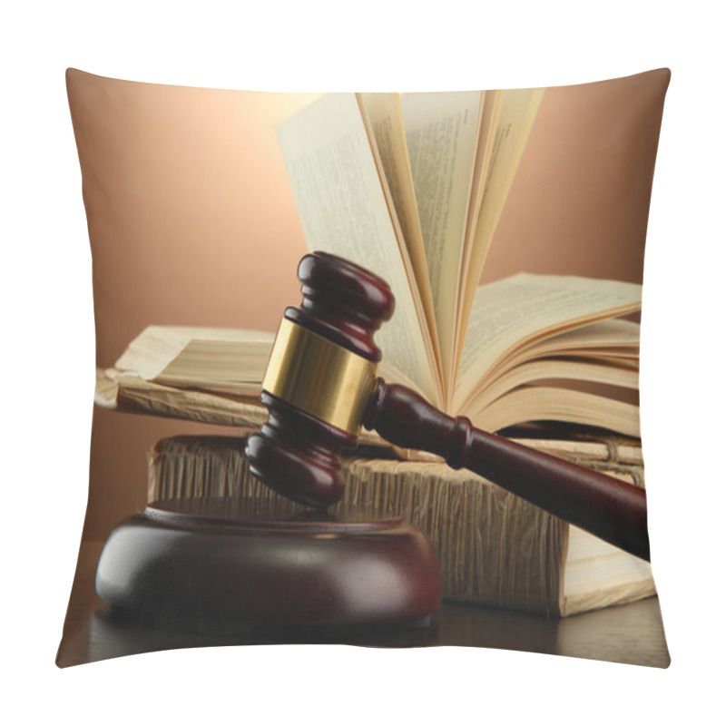 Personality  Wooden Gavel And Books On Wooden Table,on Brown Background Pillow Covers