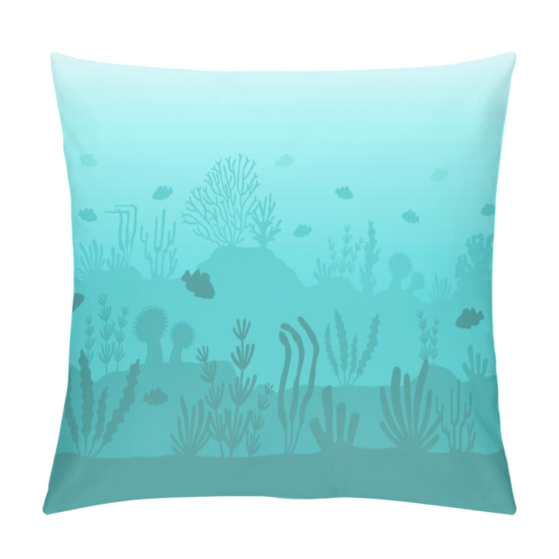 Personality  Seamless Ocean Bottom. Underwater Coral Reef Silhouette With Sea Plants, Fish And Seaweed. Flat Seascape With Undersea Life Vector Pattern Pillow Covers