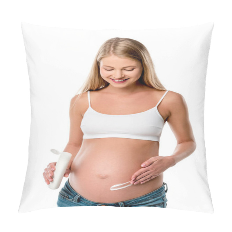 Personality  Attractive Pregnant Woman Applying Lotion On Her Belly To Avoid Stretch Marks Isolated On White Pillow Covers