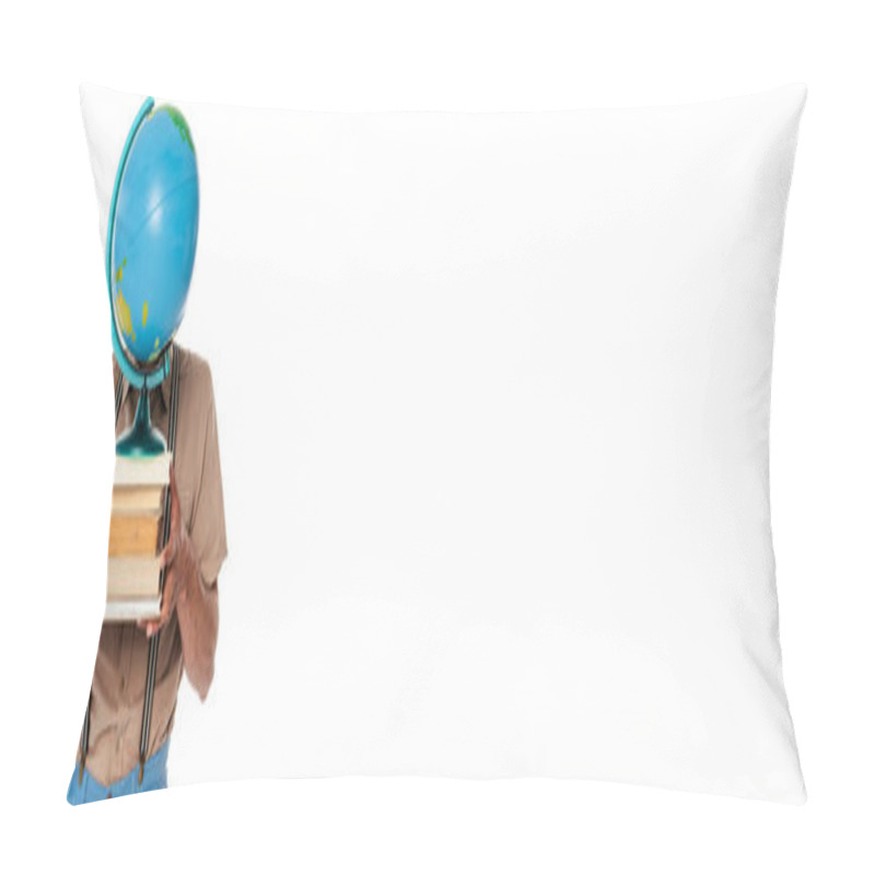 Personality  Horizontal Image Of Nerd Holding Globe And Books Near Face Isolated On White Pillow Covers