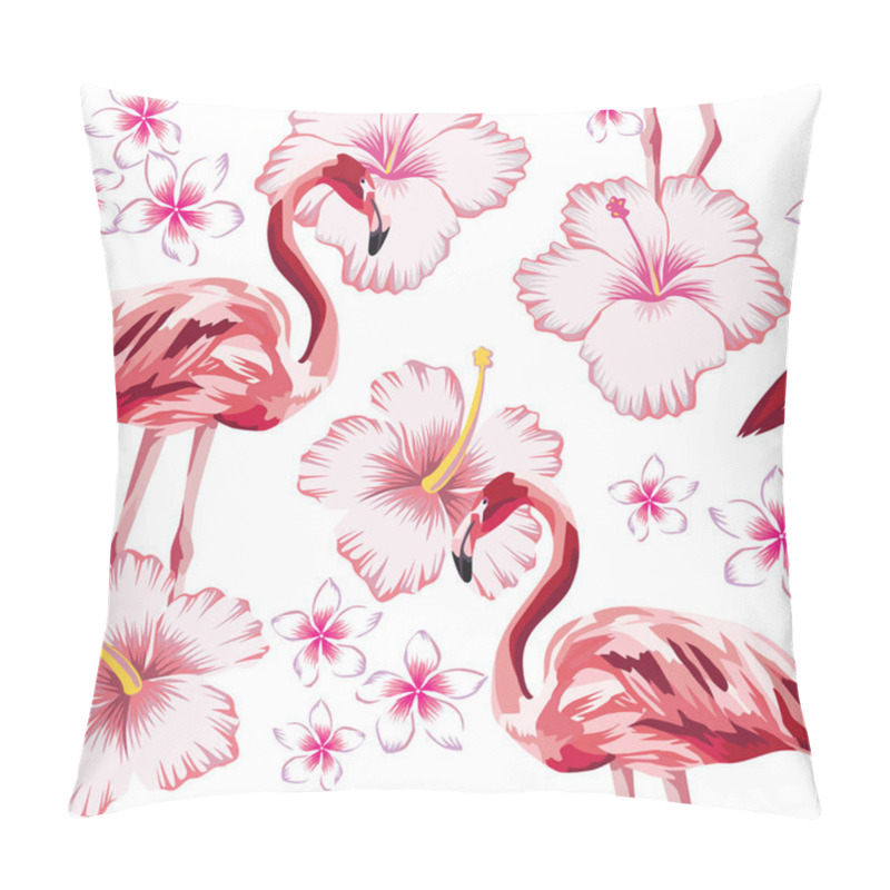 Personality  Exotic Beautiful Bird Pink Flamingo And Tropical Hibiscus, Plumeria, Frangipani Flowers Seamless Vector Pattern On White Background. Beach Creative Wallpaper Pillow Covers