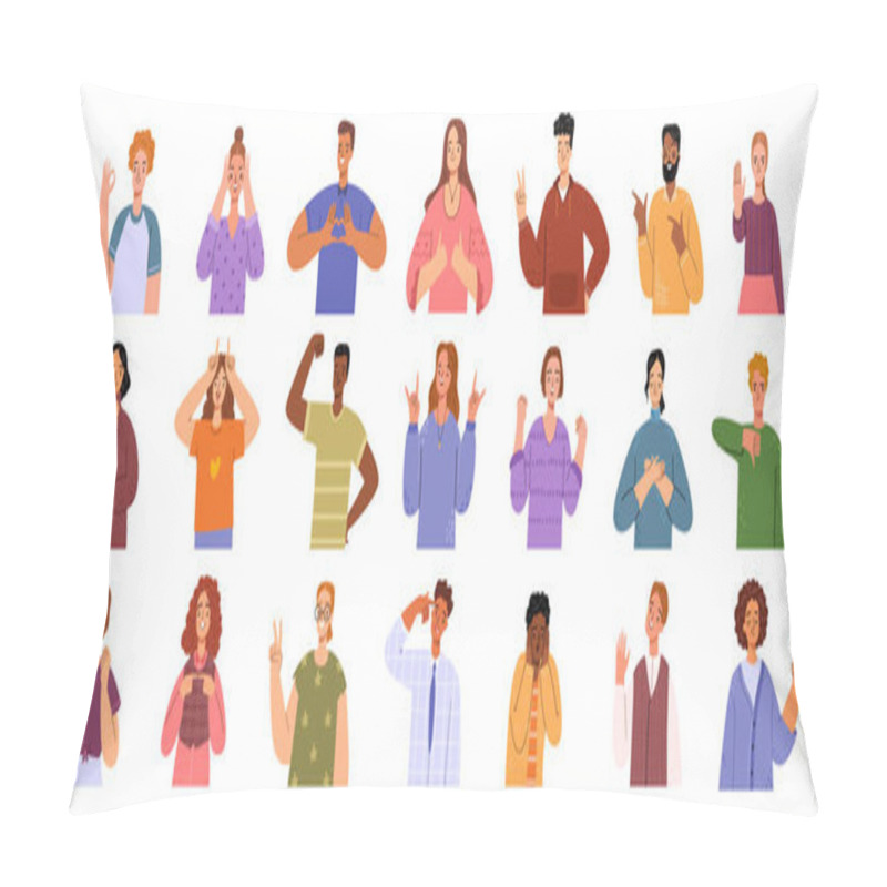 Personality  Cute People Gesture Emotion, Men And Women, Surprised, Excited And Wondered Cartoon Characters With Raised Hands And Happy Faces. Person Feeling Astonishment, Amazed Persons Set Vector Illustration Pillow Covers