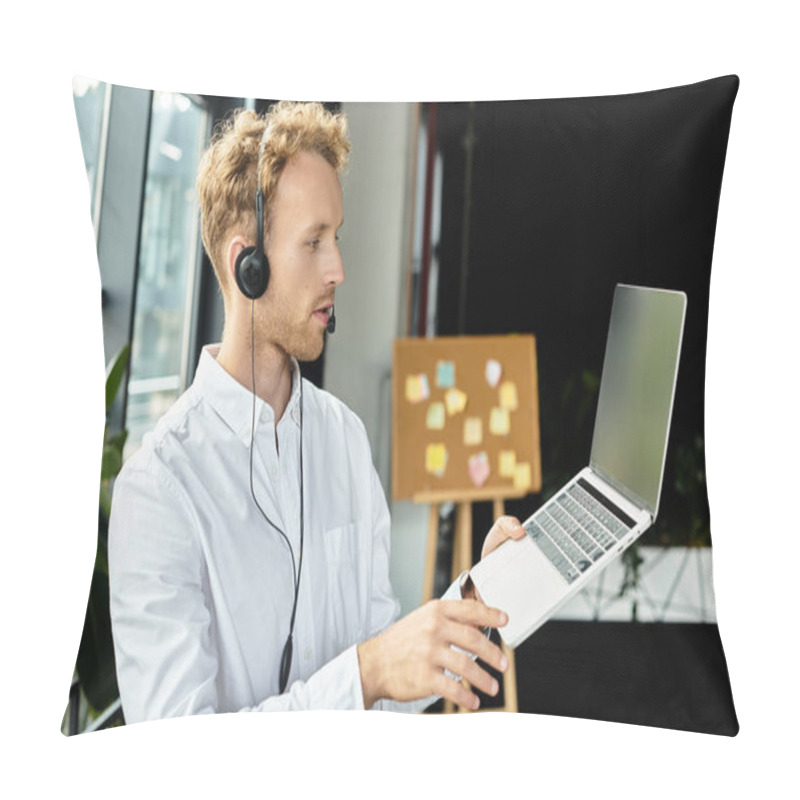 Personality  A Redhead Businessman In A White Shirt Is Intensely Engaged In A Project While Working In A Contemporary Office. Pillow Covers