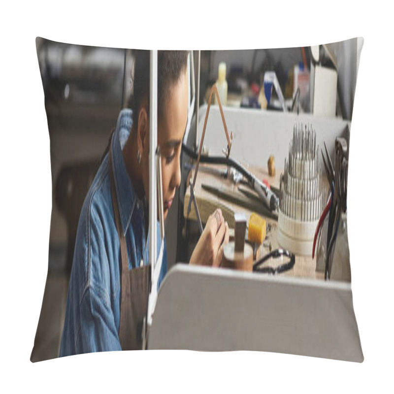 Personality  A Talented Young Woman Meticulously Crafts Beautiful Jewels With Intense Concentration. Pillow Covers