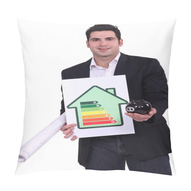 Personality  Man With Energy Rating Sign And Piggy Bank Pillow Covers