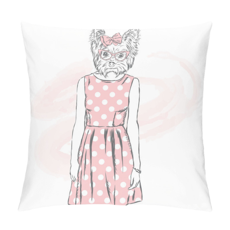 Personality  Hipster Dog In A Dress. Vector Illustration For Greeting Card, Poster, Or Print On Clothes. Fashion & Style. Pillow Covers