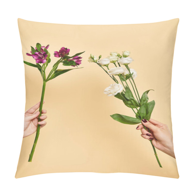 Personality  Object Photo Of Fresh Eustoma And Lilies Flowers In Hands Of Unknown Woman On Pastel Backdrop Pillow Covers