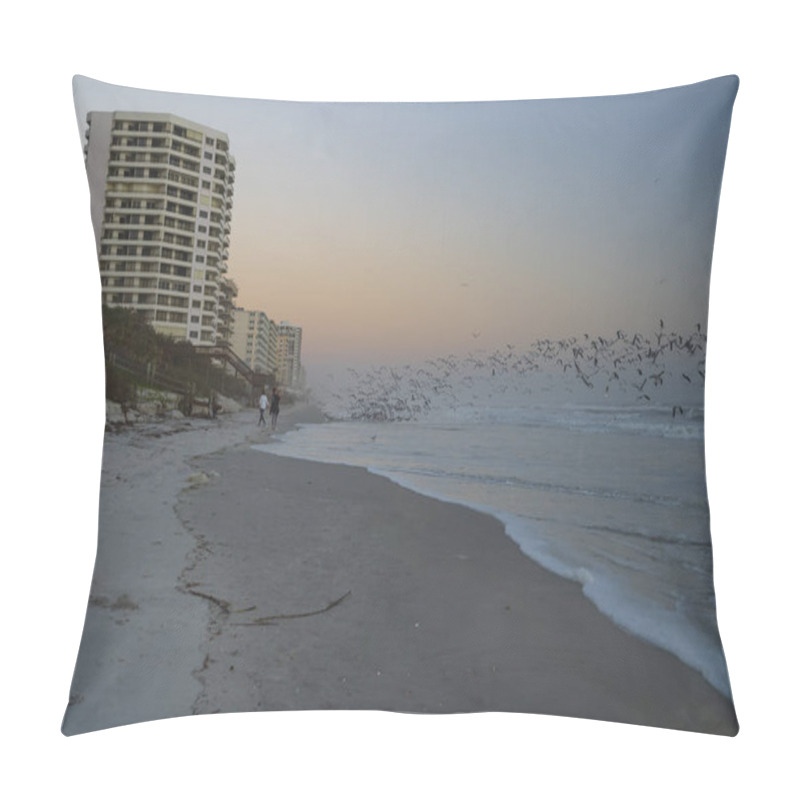 Personality  Seagulls Take To Flight From The Beach At Daytona Beach, Florida Pillow Covers