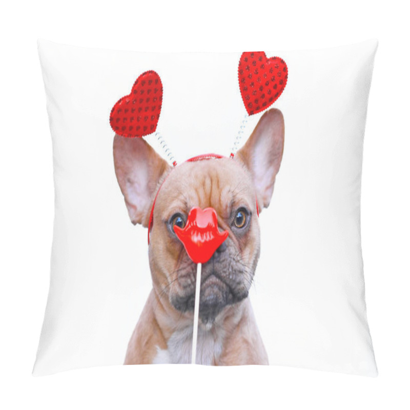 Personality  French Bulldog Dog Wearing Valentine Headband With Hearts Looking At Red Kiss Lips Photo Prop In Front Of Face Isolated On White Background Pillow Covers