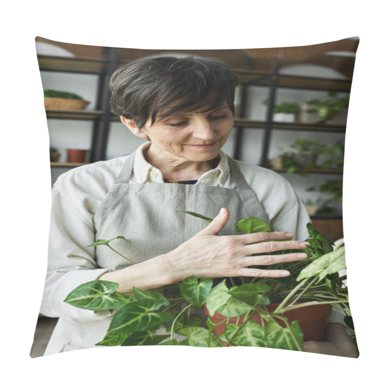 Personality  A Gardener Lovingly Tends To Her Thriving Indoor Plants With Care. Pillow Covers