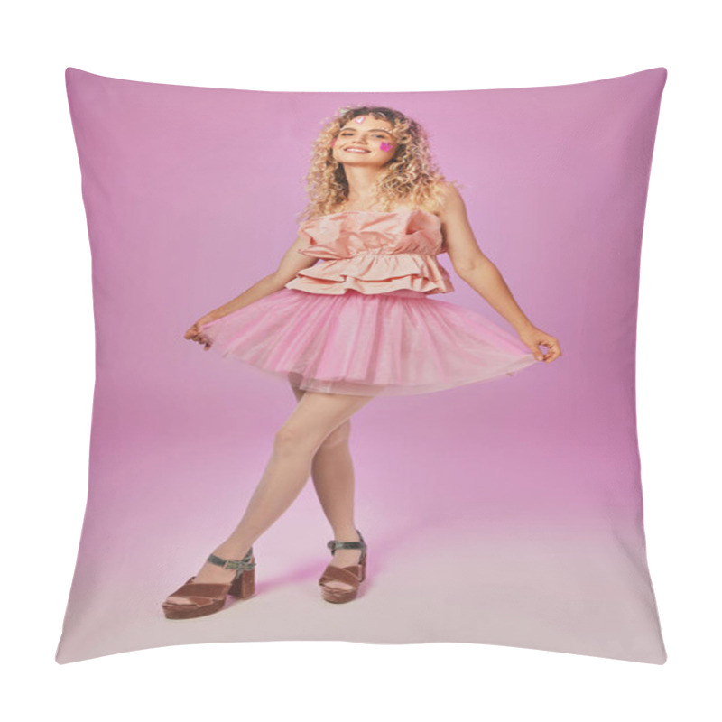 Personality  Gorgeous Lovely Woman In Pink Tooth Fairy Costume With Face Stickers Posing On Pink Backdrop Pillow Covers