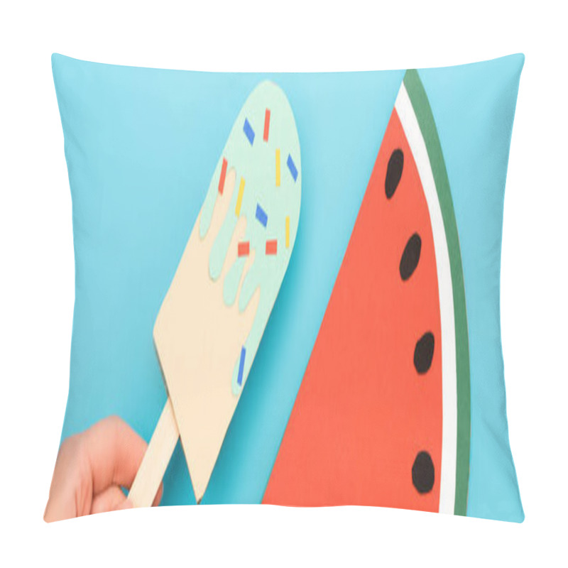 Personality  Cropped View Of Woman Holding Paper Ice Cream With Sprinkles Near Watermelon On Blue Background, Panoramic Shot Pillow Covers