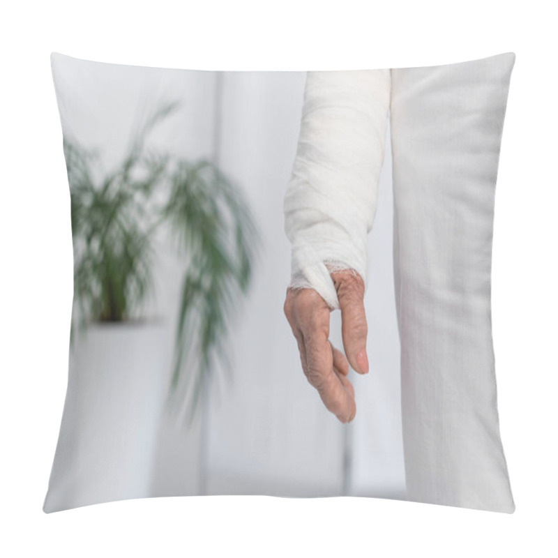 Personality  Cropped View Of Elderly Woman With Plaster Bandage On Arm In Clinic  Pillow Covers