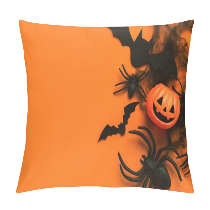 Personality  Halloween Concept Background. Top View Of Pumpkin Basket, Spiders And Bats With Space For Text Over Orange Background. Halloween Party Decoration Concept Pillow Covers