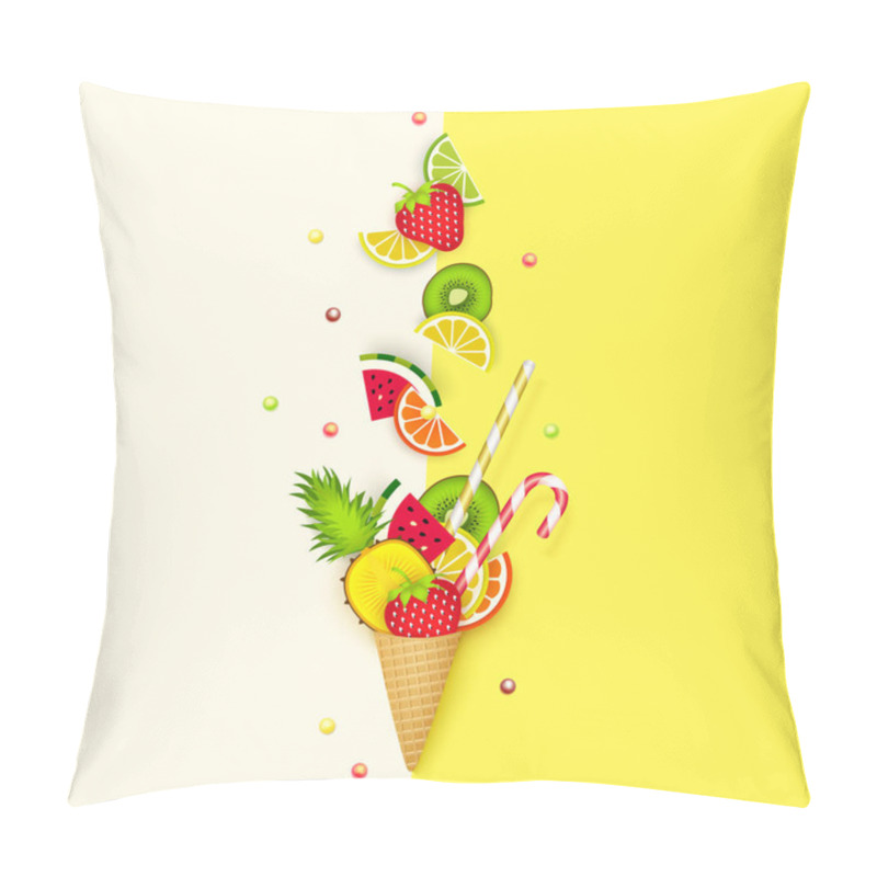 Personality  Ice Cream, Fruit, 3D, Pastel. Abstract Background With Ice Cream Cone, Lime, Lemon, Orange, Kiwi, Watermelon In Paper Cut Style. Minimalist Pastel Summer Food Concept. Vector Pillow Covers