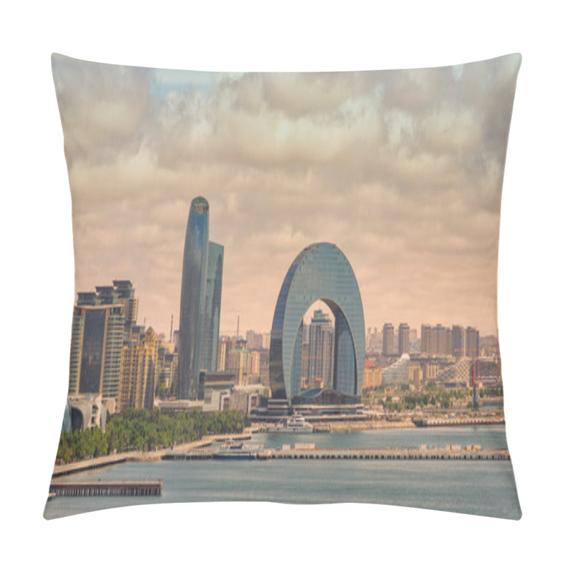 Personality  The Crescent Development Project Boasts A Striking Blend Of Contemporary Architecture, Notably The Crescent Hotel, Situated Against A Breathtaking Sunset Over The Caspian Sea Coast In Baku, Azerbaijan Pillow Covers