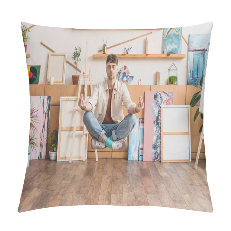 Personality  Handsome Artist With Closed Eyes Levitating In Lotus Pose In Gallery Pillow Covers