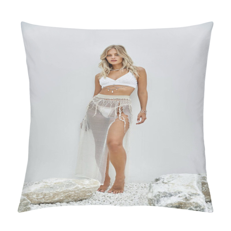 Personality  A Blonde Woman Poses In A White Mesh Skirt And Crop Top On A White Gravel Background. Pillow Covers