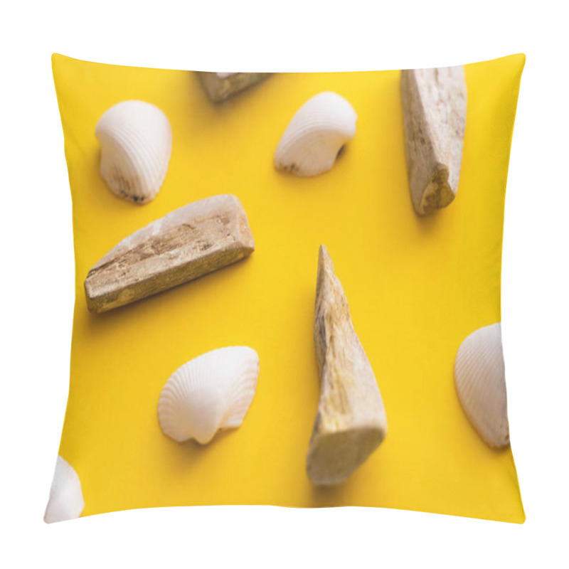 Personality  Top View Of White Seashells And Stones On Yellow Background  Pillow Covers