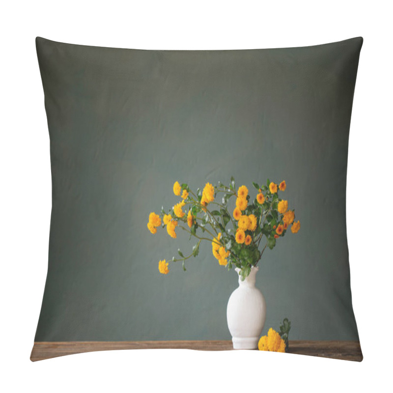 Personality  Yellow Chrysanthemums In White Vase On Background Dark Wall Pillow Covers