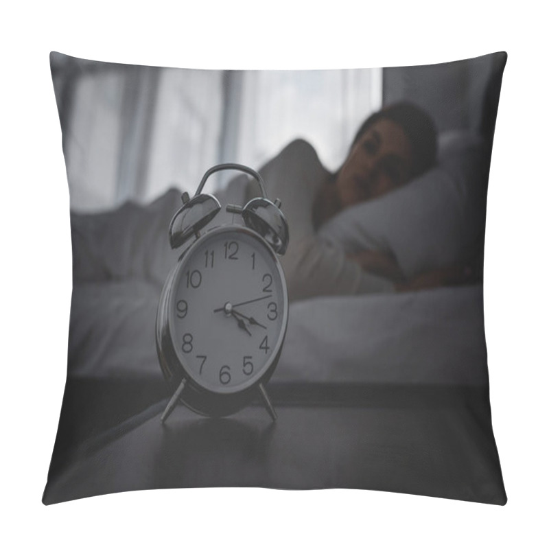 Personality  Selective Focus Of Alarm Clock On Bedside Table Near Awake Woman  Pillow Covers