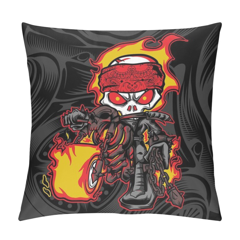 Personality  Skull Rider Fire Motor Bikers,Hand Drawing,Isolated,Easy To Edit Pillow Covers