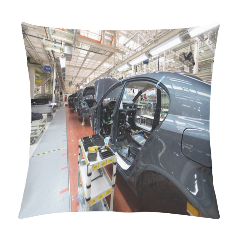 Personality  Add Details To Car Body. Robotic Equipment Makes Assembly Of Car. Modern Car Assembly At Factory Pillow Covers