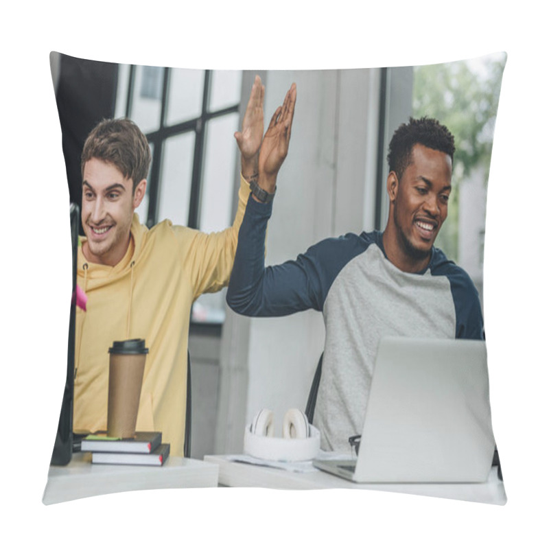 Personality  Happy Multicultural Programmers Giving High Five While Working In Office Together Pillow Covers