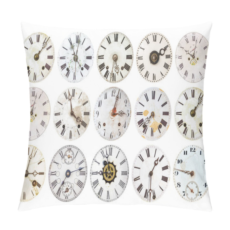 Personality  Pattern Of Different Antique Weathered Clocks Isolated On A White Background Pillow Covers